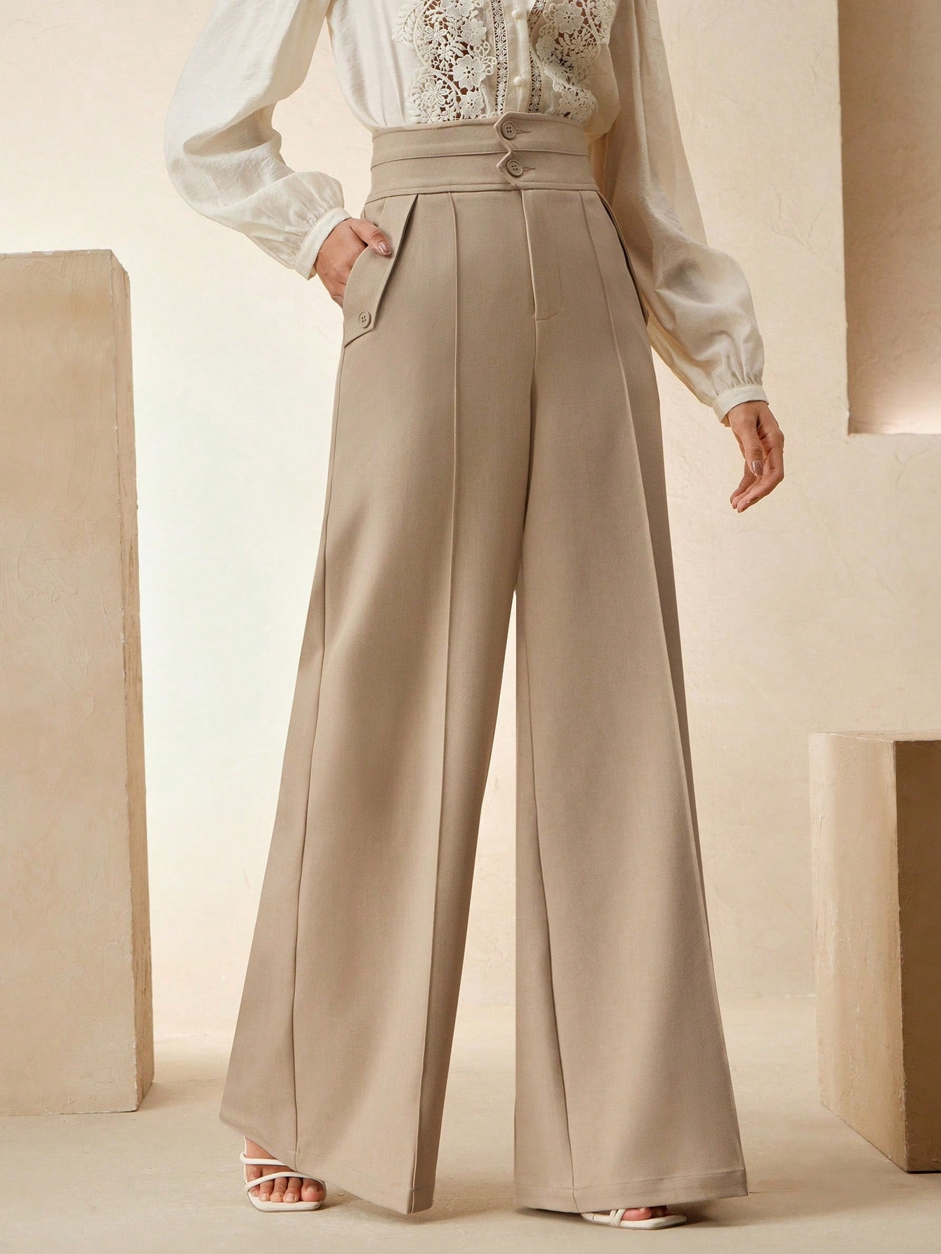 Pantalon large pour femme Polyester Kaki – Taille Haute Style Coréen Workwear