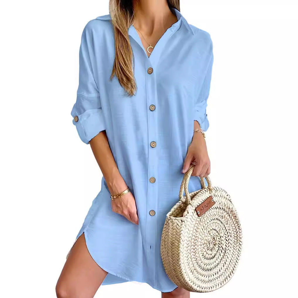 Robe Chemise Femme Polyester Manches Longues Col Boudé – Style Urbain Commuter