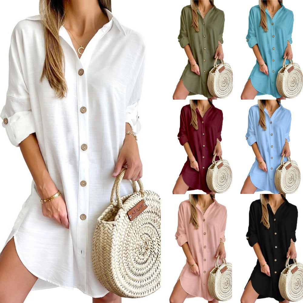 Robe Chemise Femme Polyester Manches Longues Col Boudé – Style Urbain Commuter