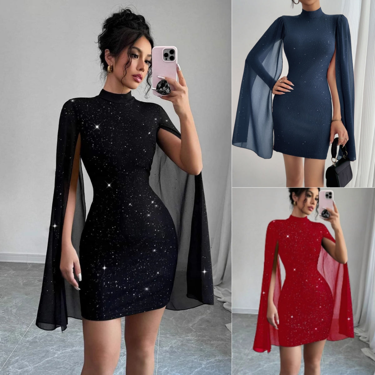 Robe Soirée Femme Chiffon Perles Col Rond – Manches Cape Moulante Élégante