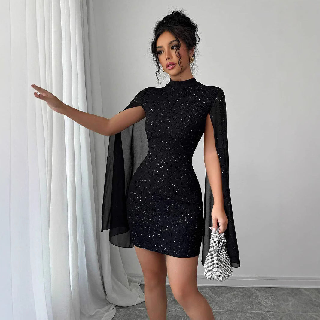 Robe Soirée Femme Chiffon Perles Col Rond – Manches Cape Moulante Élégante