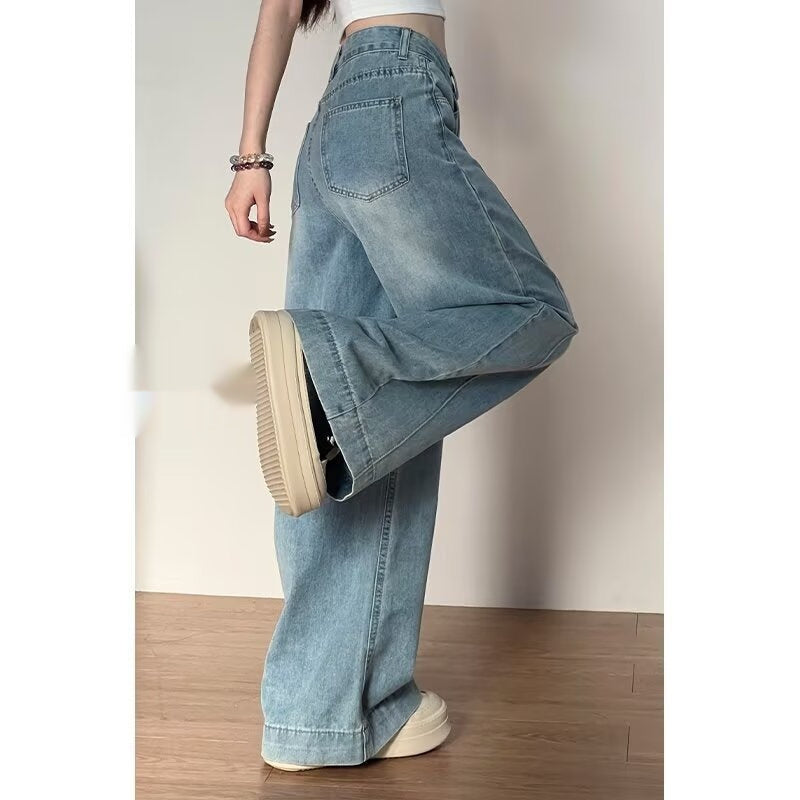Jean Large Femme Coton Taille Haute – Style Japonais Coréen Zip Couleur Rétro Automne
