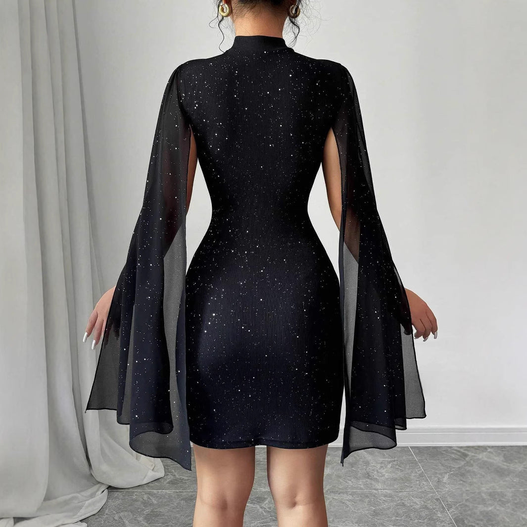 Robe Soirée Femme Chiffon Perles Col Rond – Manches Cape Moulante Élégante