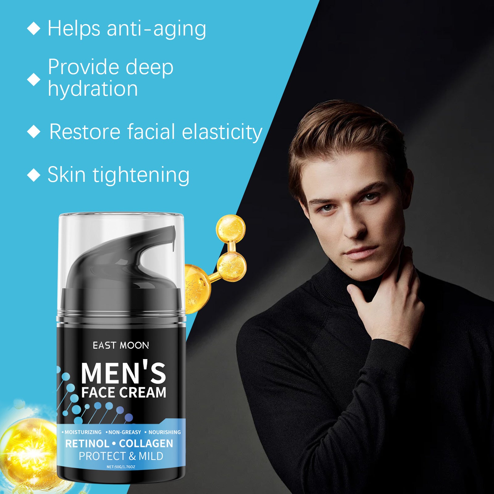 Crème Visage Homme Rétinol – Hydratante Collagène Acide Hyaluronique Vitamine E 50g