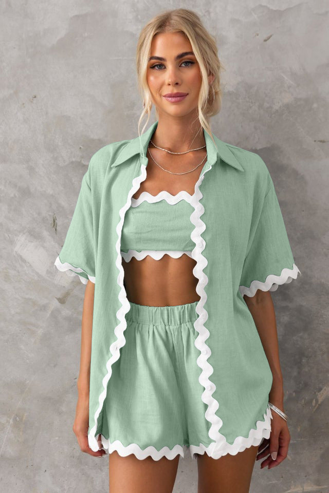 Ensemble 2 Pièces Été Femme Polyester – Chemise Col V Manches Courtes & Short Imprimé Vagues 7 Coloris