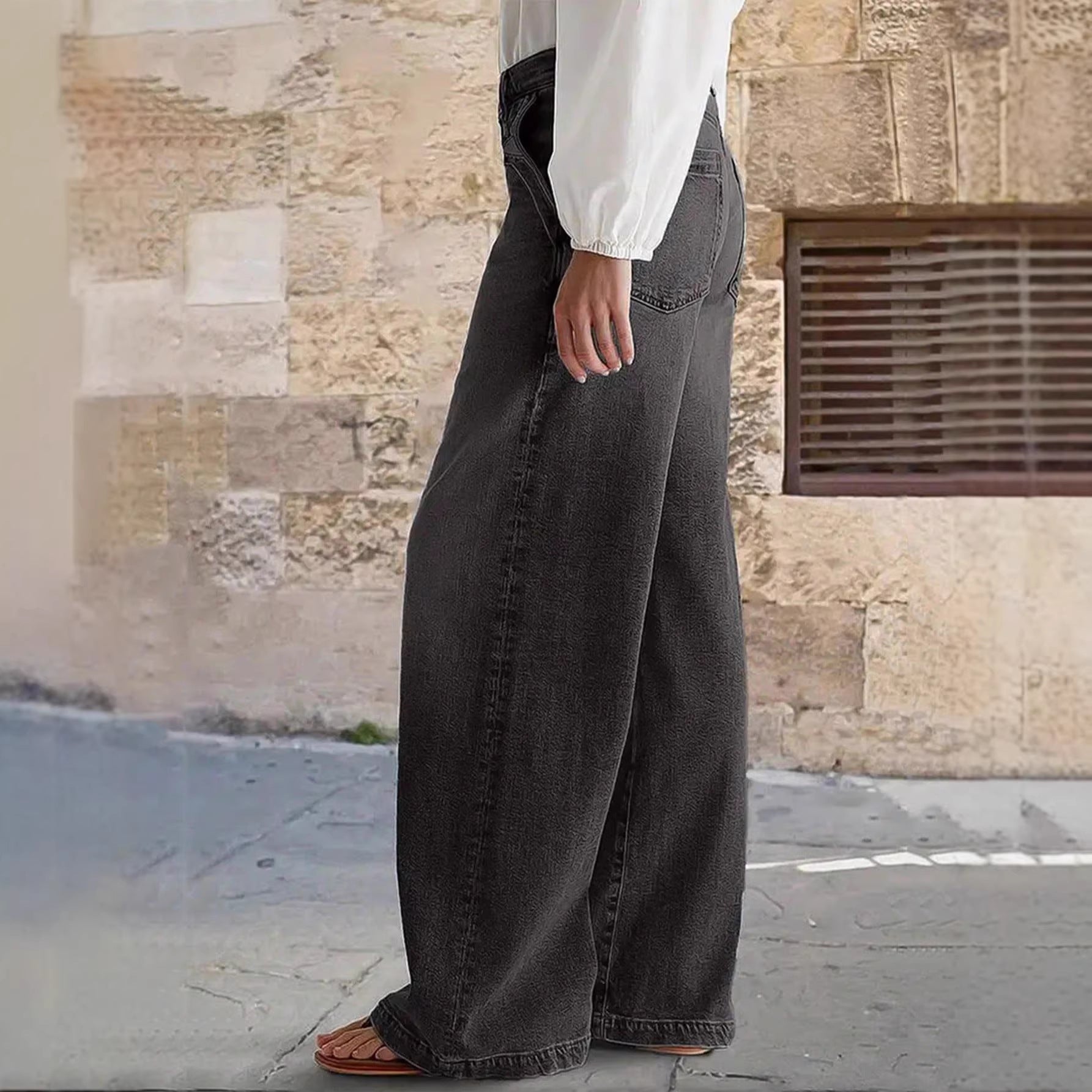 Jean Droit Stretch Femme – Style Vintage Artistique Taille Mi-Haute Noir Gris