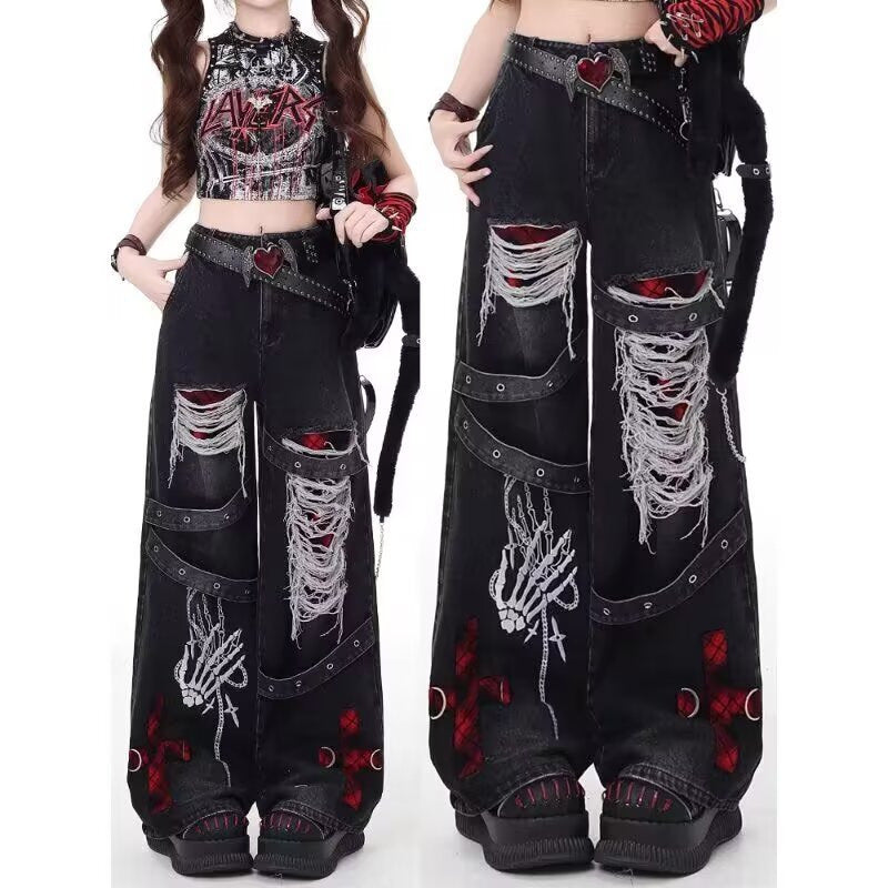 Jean Déchiré Femme Denim Vintage – Style Streetwear Hip-Hop Noir