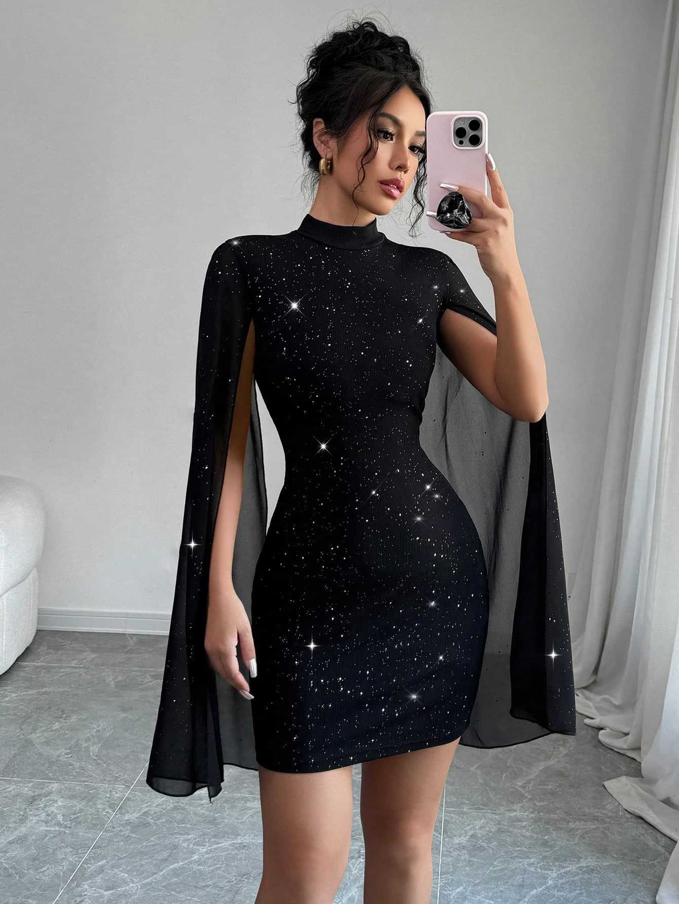 Robe Soirée Femme Chiffon Perles Col Rond – Manches Cape Moulante Élégante