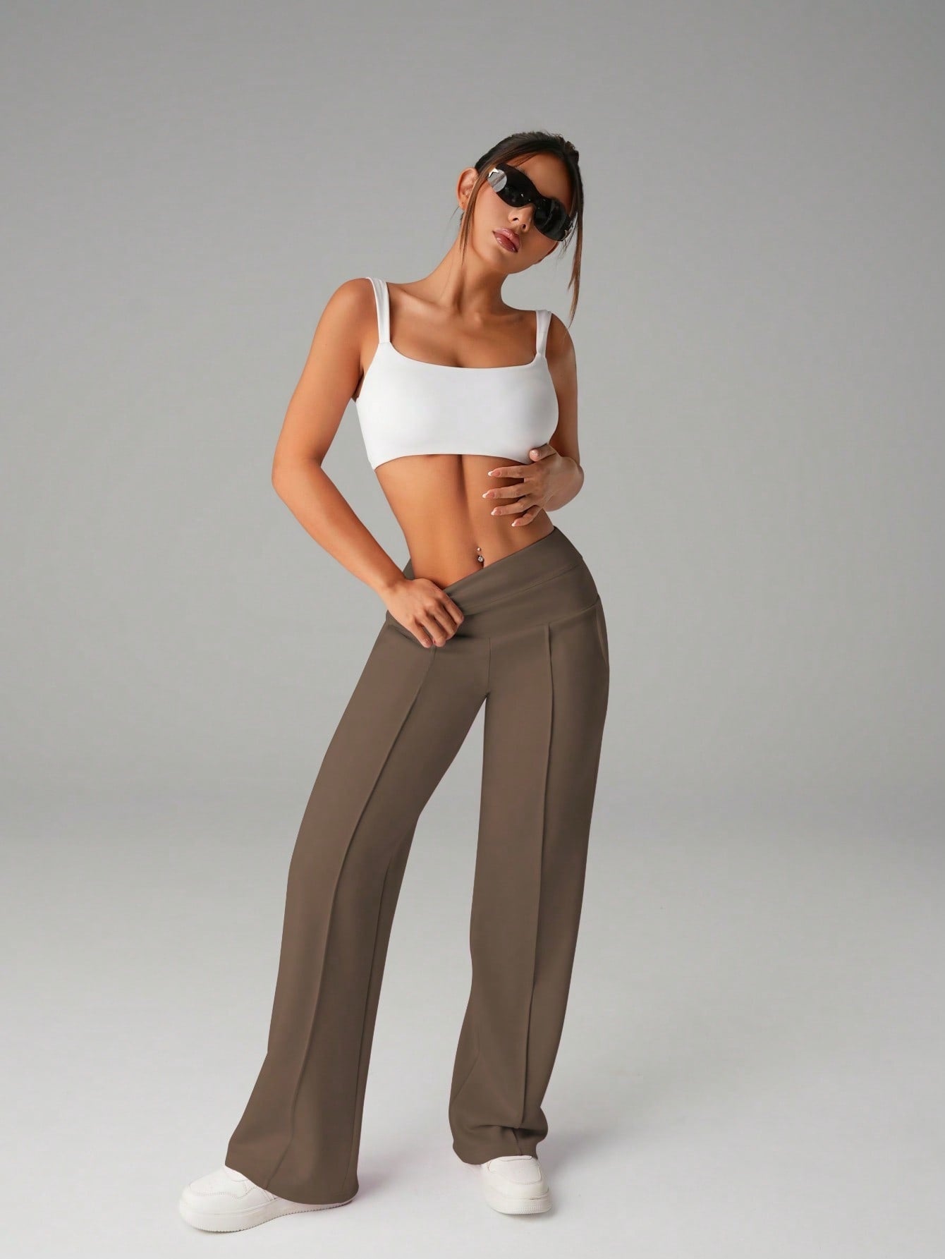 Pantalon Droit Slim Femme Polyester Uni – Casual Polyvalent Marron Foncé Noyer