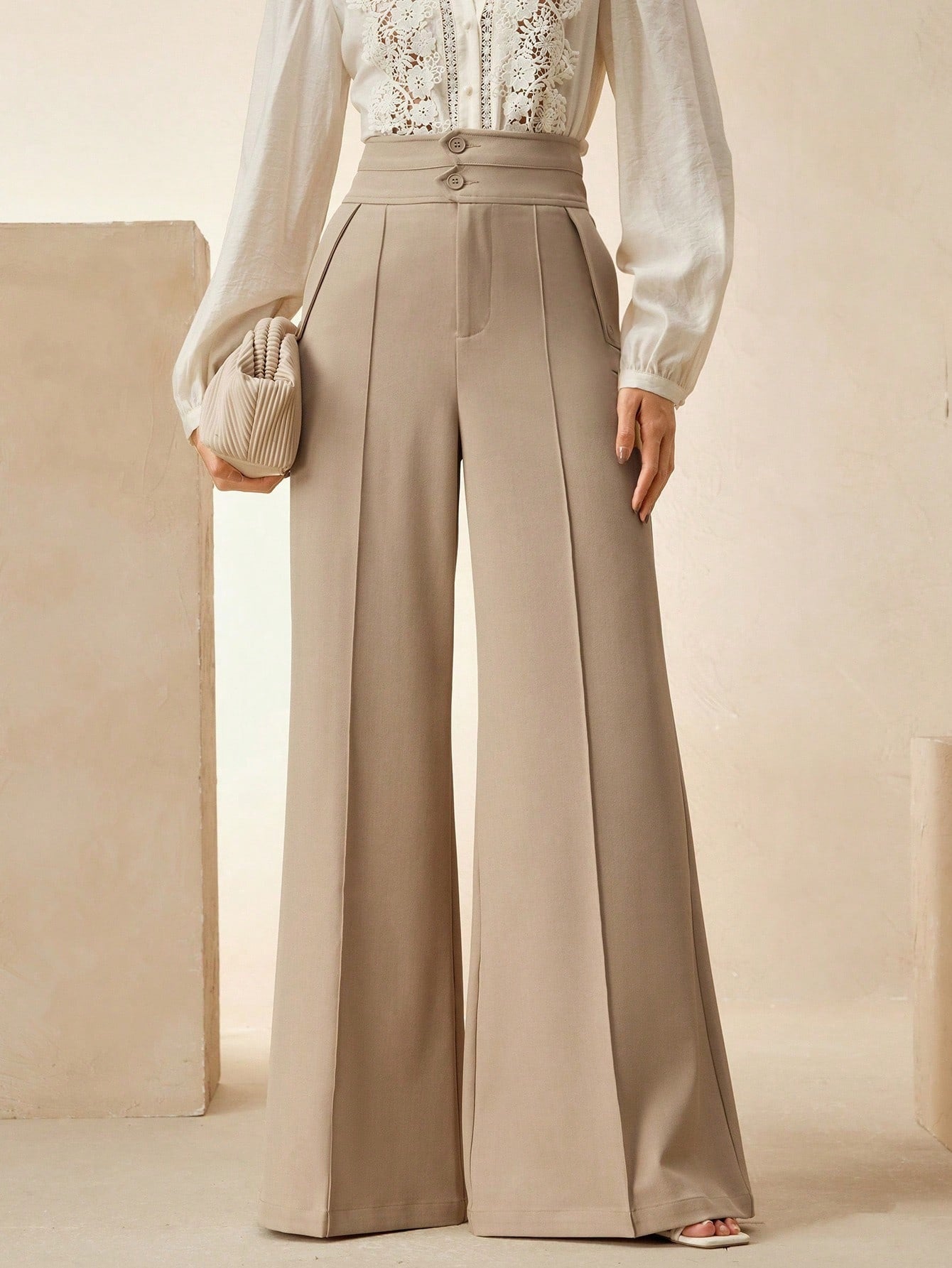 Pantalon large pour femme Polyester Kaki – Taille Haute Style Coréen Workwear