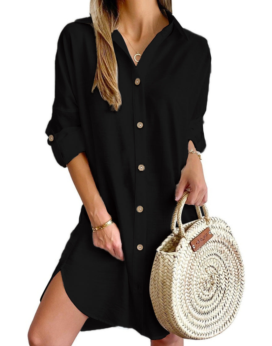 Robe Chemise Femme Polyester Manches Longues Col Boudé – Style Urbain Commuter