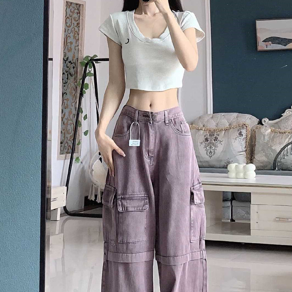 Jean Cargo Violet Rétro Femme – Pantalon Large Taille Haute