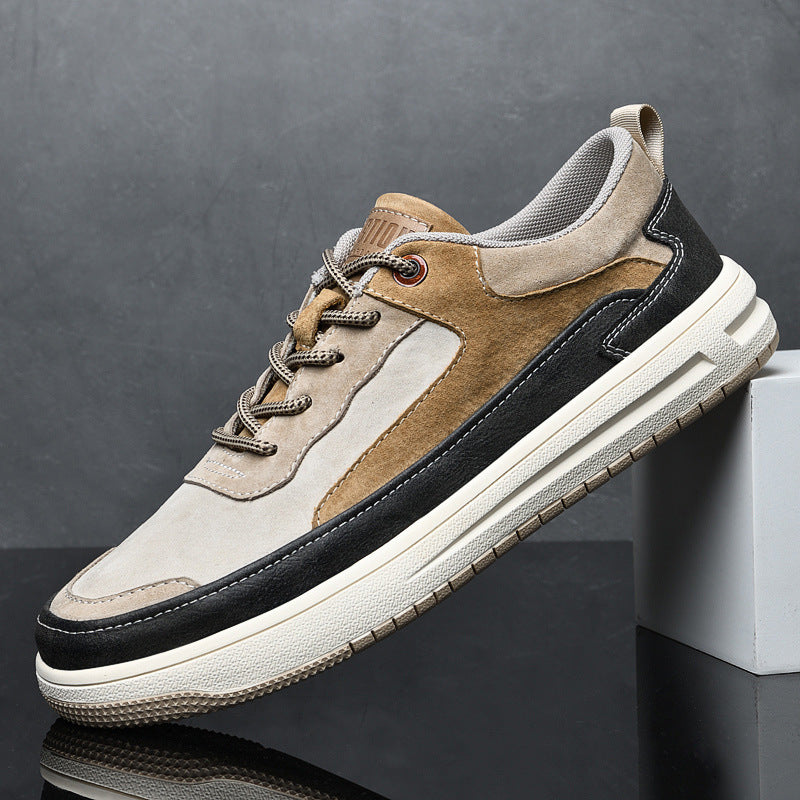 Sneakers Minimalistes Homme – Basket Plate Rétro Cuir Kaki