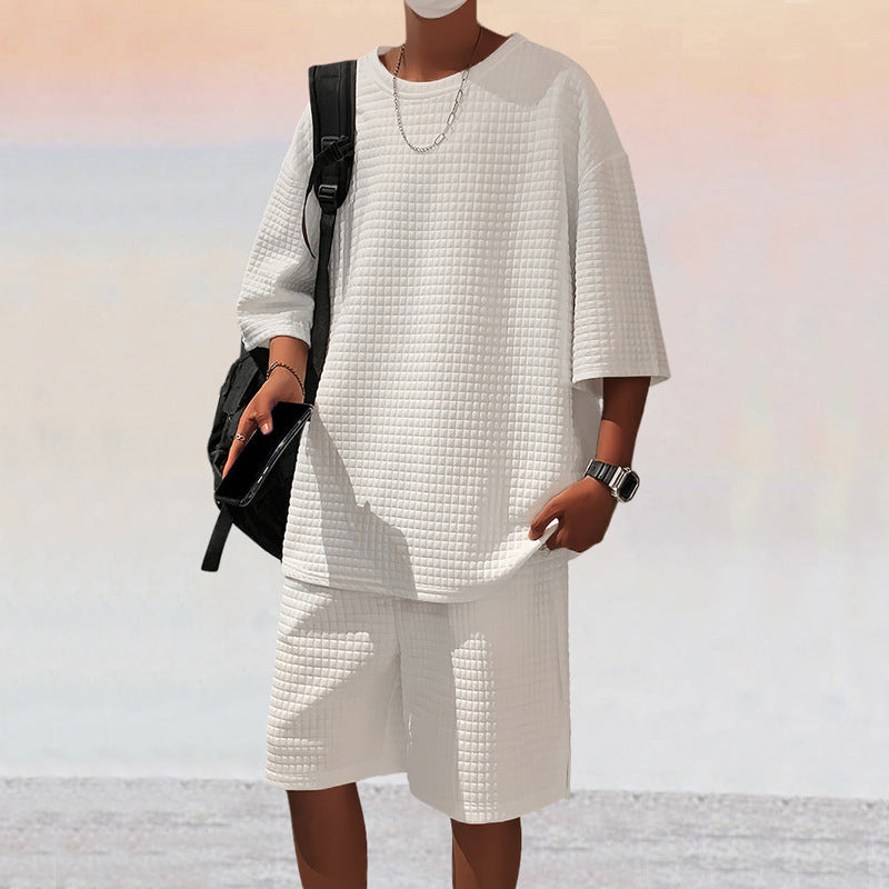 Ensemble Short Manches Courtes Loose Homme Polyester – T-shirt + Short Été Noir Gris Kaki Blanc S-3XL