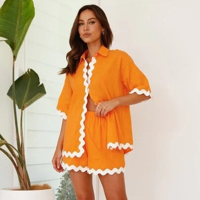 Ensemble 2 Pièces Été Femme Polyester – Chemise Col V Manches Courtes & Short Imprimé Vagues 7 Coloris